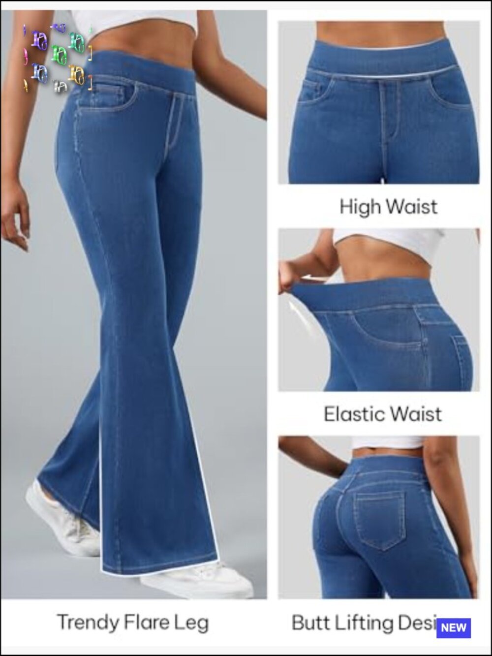Stretchy Flare Jeans High Waisted Pull On Bell Bottom Jeans Trendy Elastic - Picture 5 of 7
